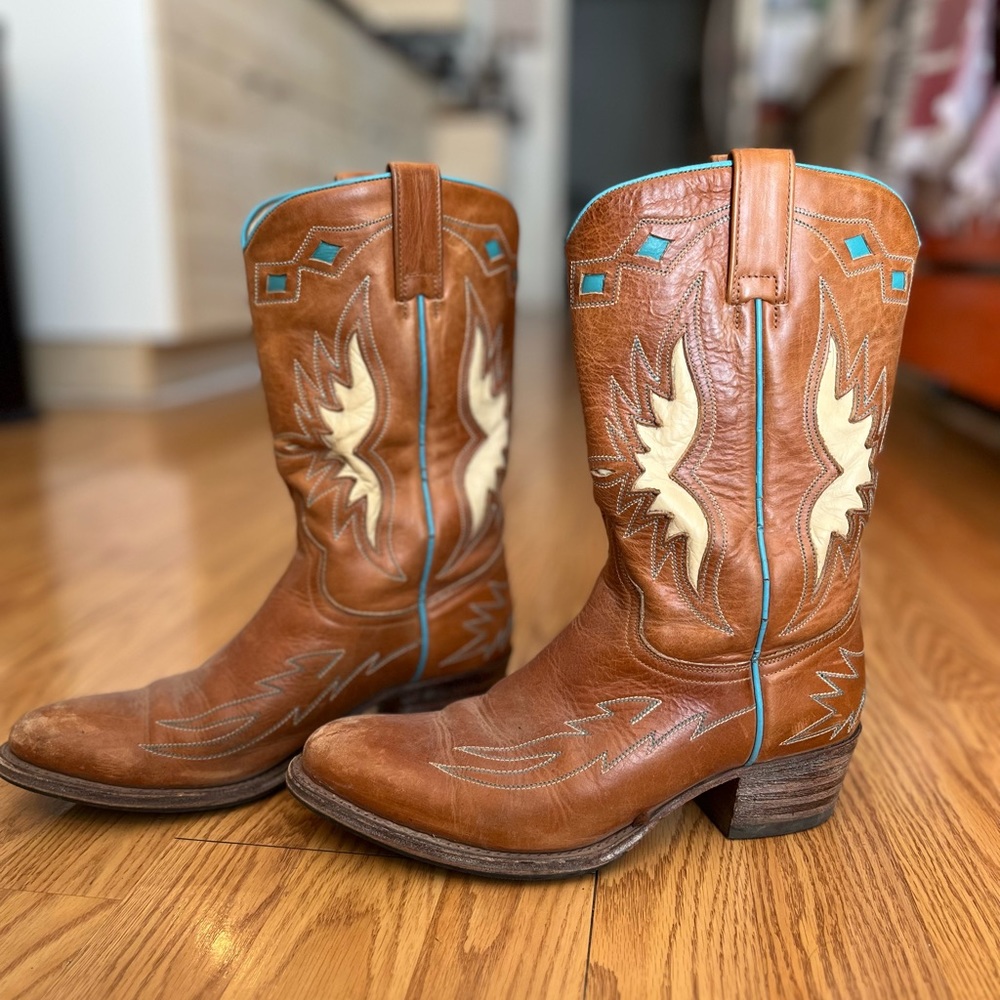 Sendra Light Brown Leather Cowboy Boots - Size 8 - Turquoise and Cream Stitching